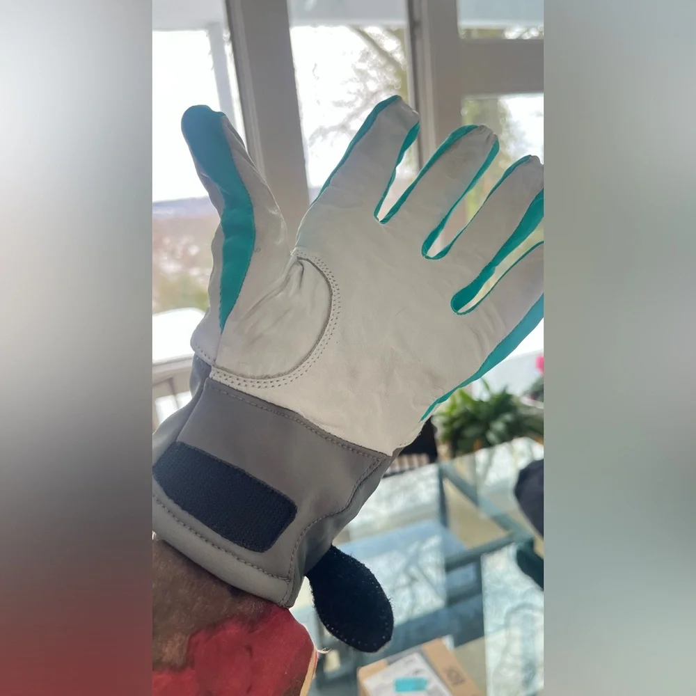 Oakley Gray and Teal Gloves with Button Accents